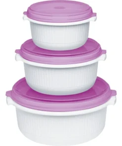 Emsa MICRO FAMILY Mikrowellentopf, Starterset 3-teilig, Dose (weiß/violett, 3 Töpfe, 3 Deckel)